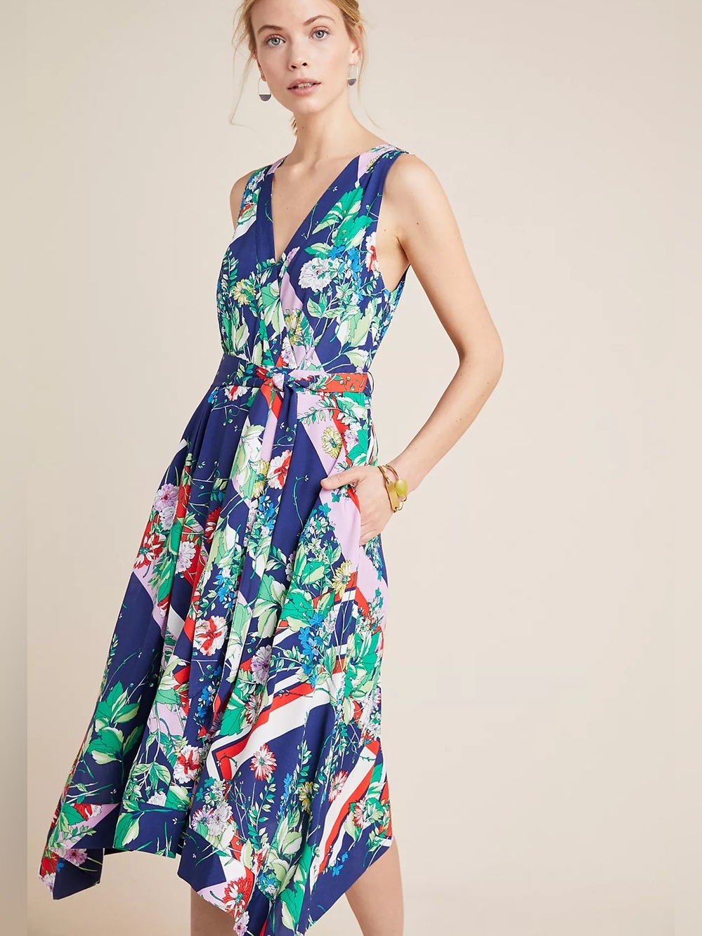 Maeve Spirited Midi Dress Floral Sleeveless Asymmetrical Hem Size 0 Petite